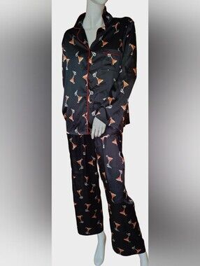 Tahari Black Satin Pajama Set with Pink Cocktail Print Christmas Sz Xl